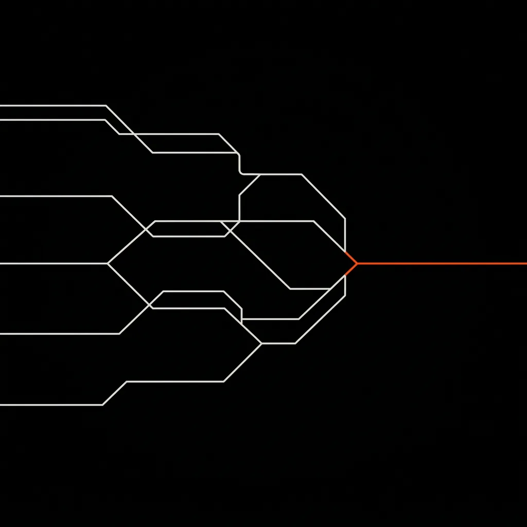 Abstract strategy diagram — multiple lines converging into a single orange line
