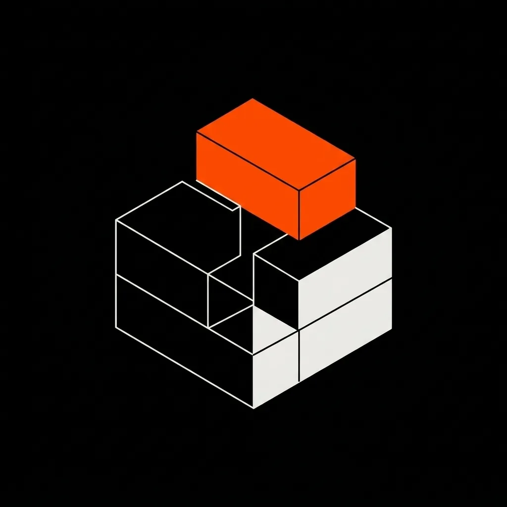 Abstract build diagram — isometric blocks with an orange block stacked on top